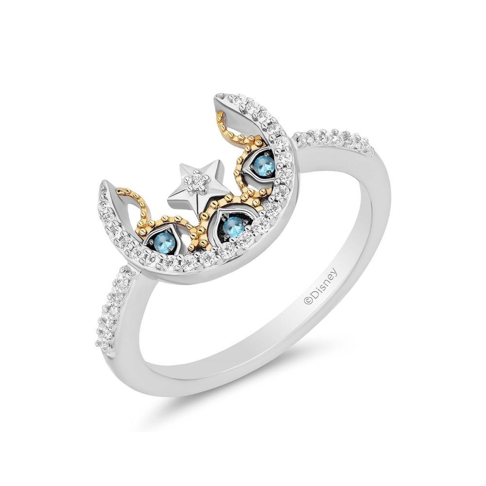 Enchanted Disney 10K Yellow Gold 1/6 CTTW Diamonds Blue Topaz Moon Star Ring